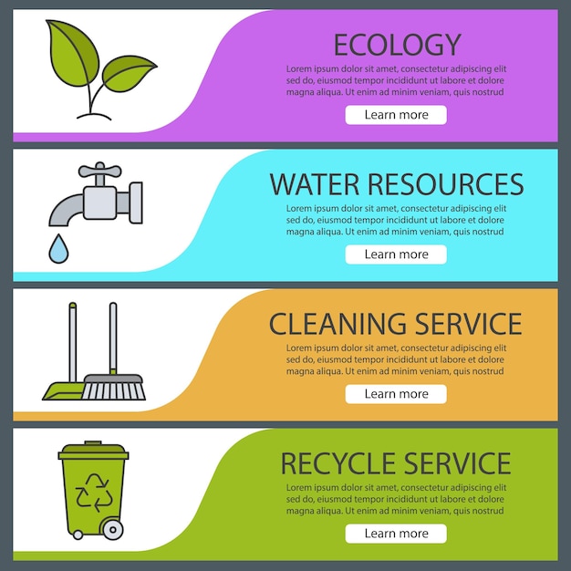 Conjunto de plantillas de banner de protección del medio ambiente. Fácil de editar. Planta, recursos hídricos, servicio de limpieza y reciclaje. Elementos del menú del sitio web ecológico. Bandera web de color. Conceptos de diseño de encabezados vectoriales