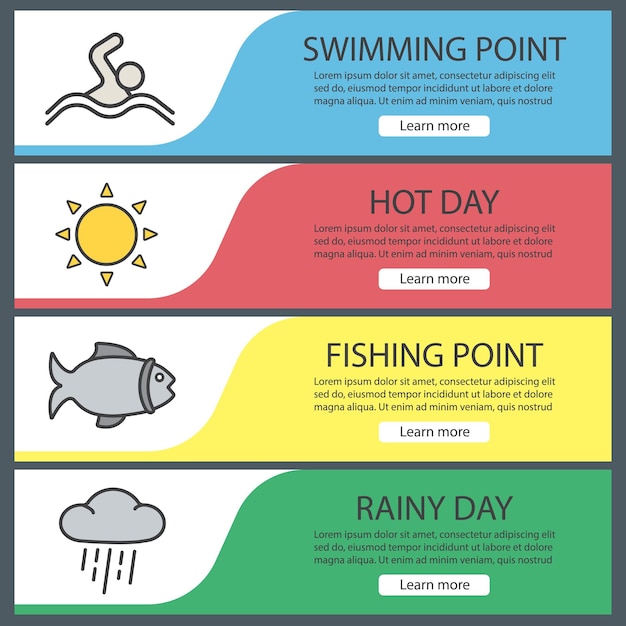 Conjunto de plantillas de banner de recreaciones al aire libre de verano. Fácil de editar. Nadador, clima soleado y lluvioso, pesca. Elementos del menú del sitio web. Bandera web de color. Conceptos de diseño de encabezados vectoriales