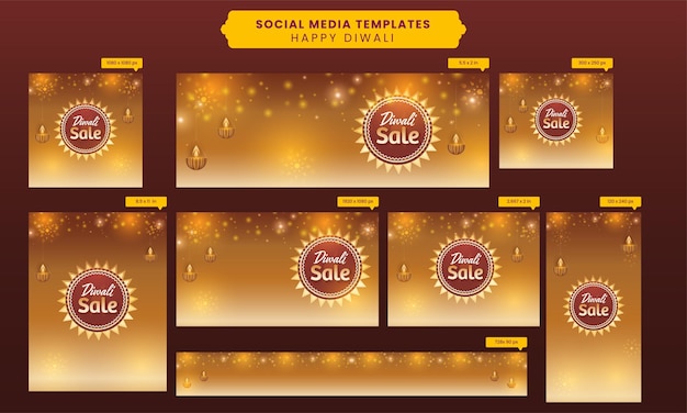 Conjunto de plantillas y banner de redes sociales de venta de diwali con lámparas de aceite encendidas diya sobre fondo de efecto de luz dorada