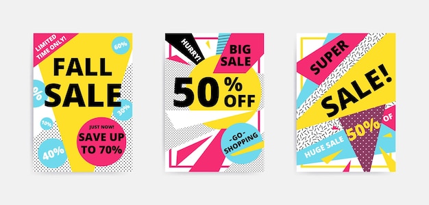 Conjunto de plantillas de banner de sitio web de black big sale de diseño plano. vector colorido brillante para medios sociales, carteles, correo electrónico, impresos, anuncios, material promocional. amarillo rosa azul blanco y negro