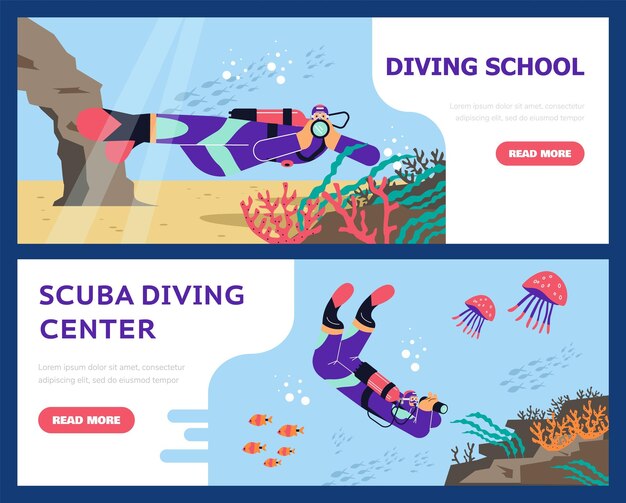 Conjunto de plantillas de banner de sitio web sobre estilo plano de buceo