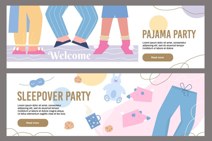 Vector conjunto de plantillas de banner de sitio web sobre ilustración de vector de estilo plano de fiesta de pijama