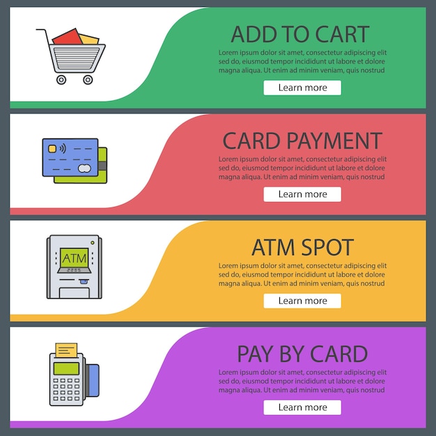 Conjunto de plantillas de banner de supermercado. Carrito de compras, tarjetas de crédito, terminal pos, cajero automático. Elementos del menú del sitio web. Bandera web de color. Conceptos de diseño de encabezados vectoriales