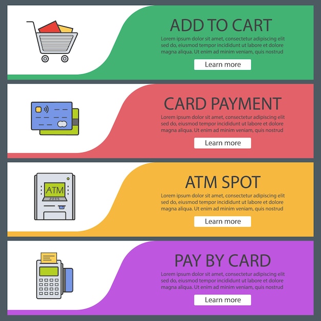 Vector conjunto de plantillas de banner de supermercado. carrito de compras, tarjetas de crédito, terminal pos, cajero automático. elementos del menú del sitio web. bandera web de color. conceptos de diseño de encabezados vectoriales