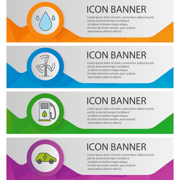 Vector conjunto de plantillas de banner de tecnología ecológica. recursos hídricos, energía y combustible ecológicos, elementos del menú del sitio web de automóviles eléctricos. conceptos de banner web poligonal de color. fondos vectoriales