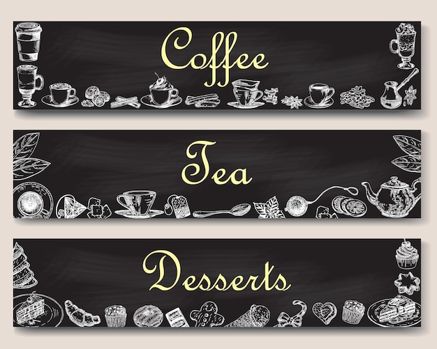 Conjunto de plantillas de banner de vector de café, té y postres