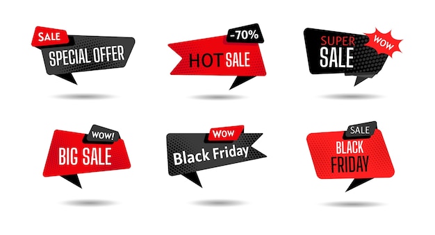 Conjunto de plantillas de banner de venta de viernes negro. Nube de diálogo de elemento de diseño retro, fondo de punto de semitono. Banner publicitario de venta, promoción.