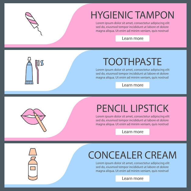 Conjunto de plantillas de banner de web de accesorios de cosméticos. tampón sanitario, pasta de dientes, lápiz labial, crema correctora. elementos del menú de color del sitio web. conceptos de diseño de encabezados vectoriales