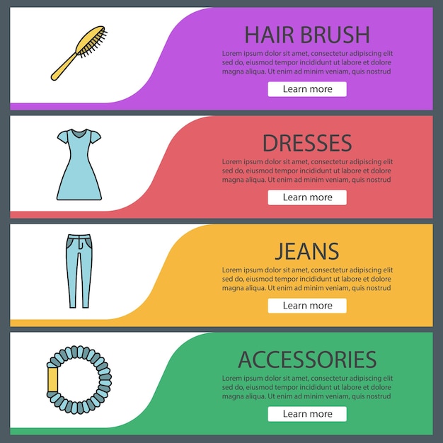 Conjunto de plantillas de banner web de accesorios para mujeres. cepillo para el cabello y coletero, vestido de sol, jeans ajustados. elementos del menú de color del sitio web. conceptos de diseño de encabezados vectoriales