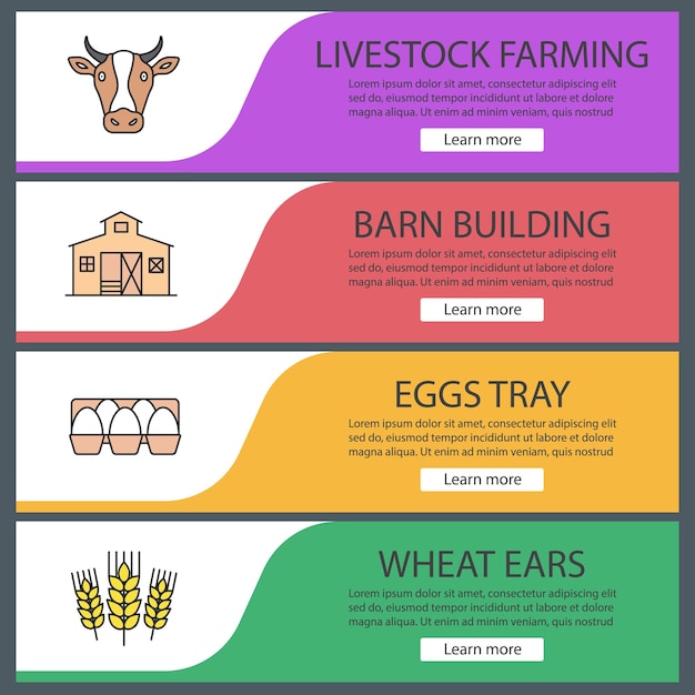 Conjunto de plantillas de banner web de agricultura. Cabeza de vaca, edificio de granero, bandeja de huevos, espigas de trigo. Elementos del menú de color del sitio web. Conceptos de diseño de encabezados vectoriales