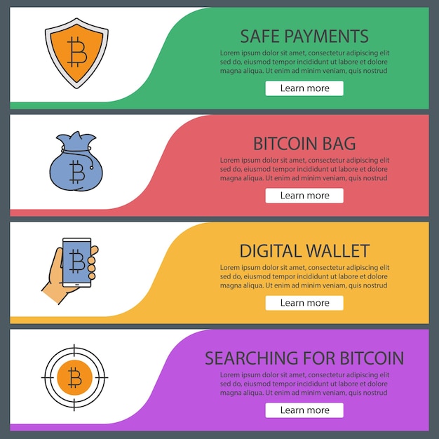 Conjunto de plantillas de banner web de Bitcoin. Búsqueda de bitcoin, bolsa de dinero, billetera digital, pagos seguros. Elementos del menú de color del sitio web. Conceptos de diseño de encabezados vectoriales