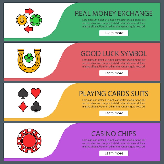 Conjunto de plantillas de banner web de casino. Cambio de dinero real, símbolo de buena suerte, juegos de cartas, fichas de casino. Elementos del menú de color del sitio web. Conceptos de diseño de encabezados vectoriales