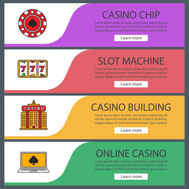 Conjunto de plantillas de banner web de casino. Fichas de juego, máquinas tragamonedas, construcción de casinos, póquer en línea. Elementos del menú de color del sitio web. Conceptos de diseño de encabezados vectoriales