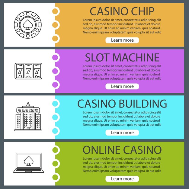 Conjunto de plantillas de banner web de casino. Fichas de juego, máquinas tragamonedas, construcción de casinos, póquer en línea. Elementos de menú de color del sitio web con iconos lineales. Conceptos de diseño de encabezados vectoriales
