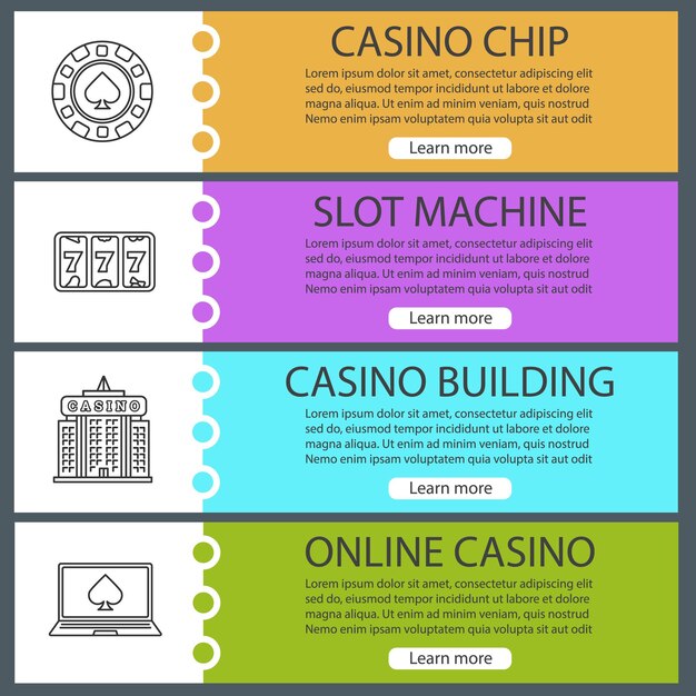 Conjunto de plantillas de banner web de casino. fichas de juego, máquinas tragamonedas, construcción de casinos, póquer en línea. elementos de menú de color del sitio web con iconos lineales. conceptos de diseño de encabezados vectoriales