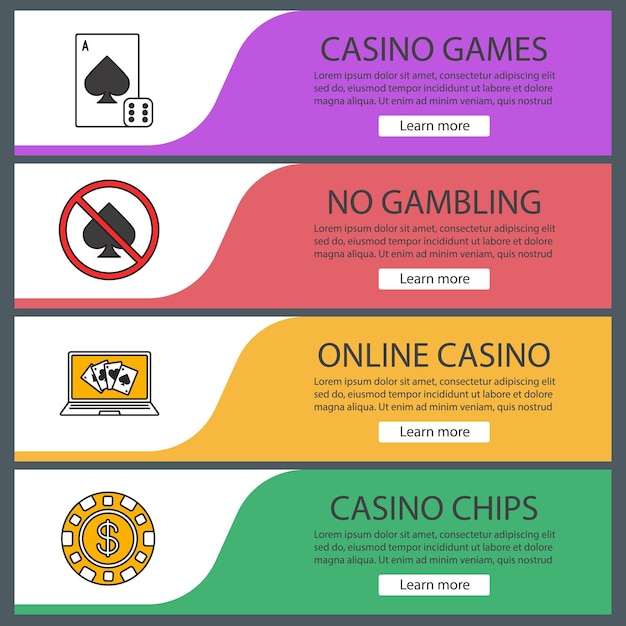 Conjunto de plantillas de banner web de casino. Juego de cartas, prohibición de apuestas, póquer en línea, fichas de casino. Elementos del menú de color del sitio web. Conceptos de diseño de encabezados vectoriales