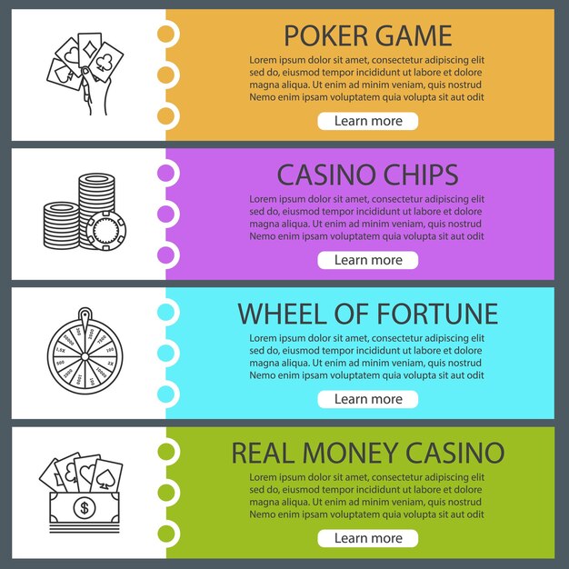 Conjunto de plantillas de banner web de casino. Poker, fichas de casino, rueda de la fortuna, juego de dinero real. Elementos de menú de color del sitio web con iconos lineales. Conceptos de diseño de encabezados vectoriales