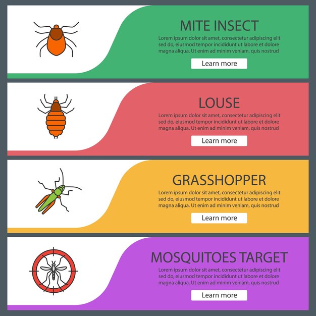 Conjunto de plantillas de banner web de control de plagas. Ácaro, piojo, saltamontes, objetivo de mosquitos. Elementos de menú de color del sitio web con iconos lineales. Conceptos de diseño de encabezados vectoriales