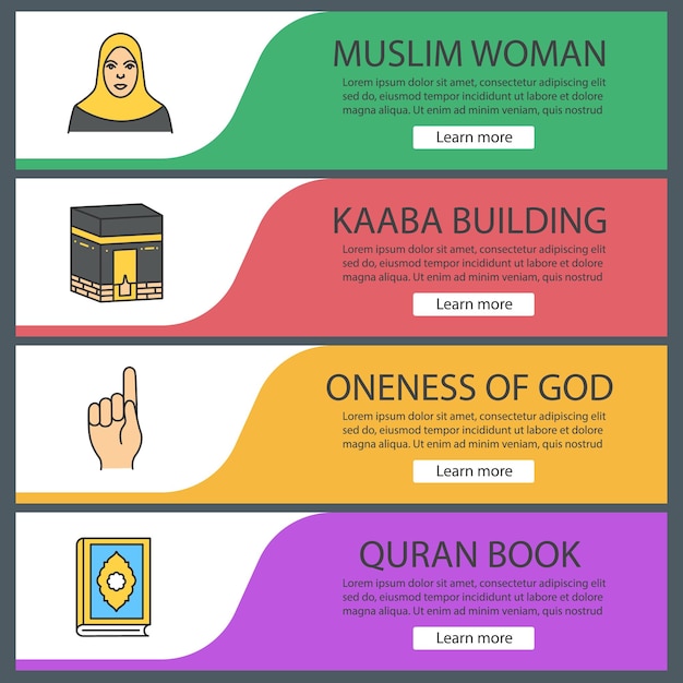 Conjunto de plantillas de banner web de cultura islámica. Mujer musulmana, gesto de dios, kaaba, libro del corán. Elementos del menú de color del sitio web. Conceptos de diseño de encabezados vectoriales