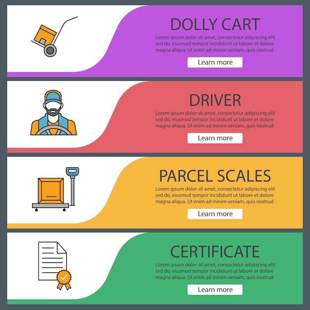 Conjunto de plantillas de banner web de envío de carga. Servicio de entrega. Dolly cart, conductor, báscula para paquetes, certificado. Elementos del menú de color del sitio web. Conceptos de diseño de encabezados vectoriales