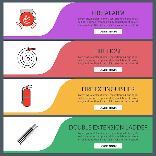 Vector conjunto de plantillas de banner web de extinción de incendios. bolsa de alarma, manguera contra incendios, extintor, escalera de doble extensión. elementos del menú de color del sitio web. conceptos de diseño de encabezados vectoriales