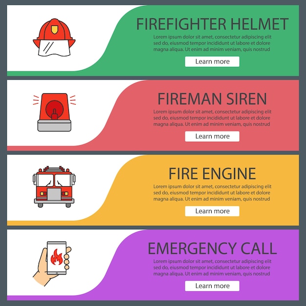 Vector conjunto de plantillas de banner web de extinción de incendios. casco, sirena de bombero, camión de bomberos, llamada de emergencia. elementos del menú de color del sitio web. conceptos de diseño de encabezados vectoriales