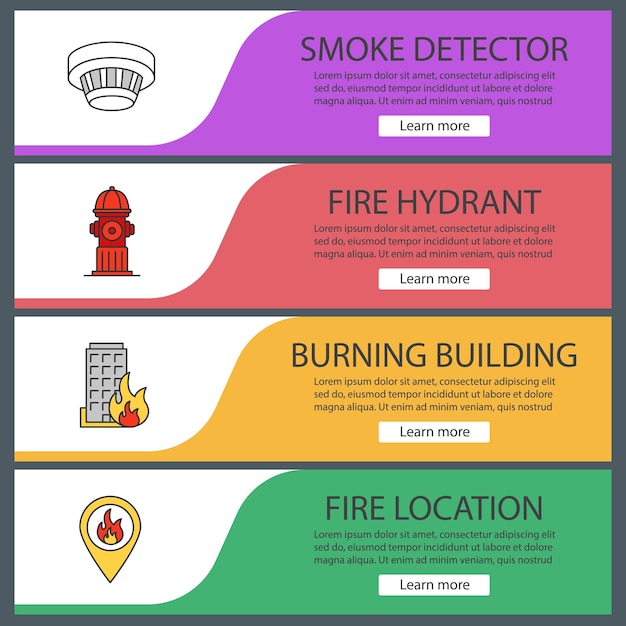 Conjunto de plantillas de banner web de extinción de incendios. detector de humo, hidrante, edificio en llamas, ubicación del incendio. elementos del menú de color del sitio web. conceptos de diseño de encabezados vectoriales