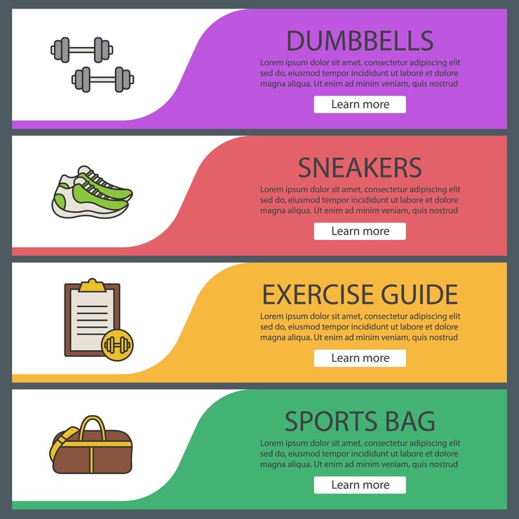 Vector conjunto de plantillas de banner web de fitness. equipo de deporte. mancuernas, tenis, guía de ejercicios, bolso de lona. elementos del menú de color del sitio web. conceptos de diseño de encabezados vectoriales