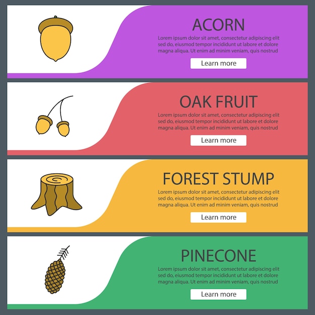 Conjunto de plantillas de banner web forestal. Fruto de roble, tocón de bosque, piña. Elementos del menú de color del sitio web. Conceptos de diseño de encabezados vectoriales