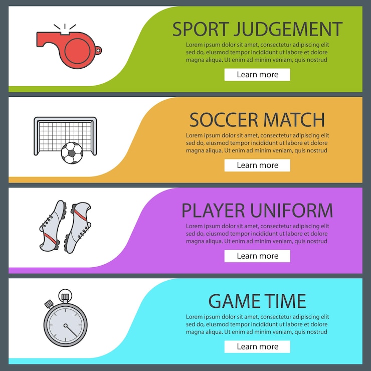 Vector conjunto de plantillas de banner web de fútbol. silbato, bola en puertas, botas, cronómetro. elementos del menú de color del sitio web. conceptos de diseño de encabezados vectoriales