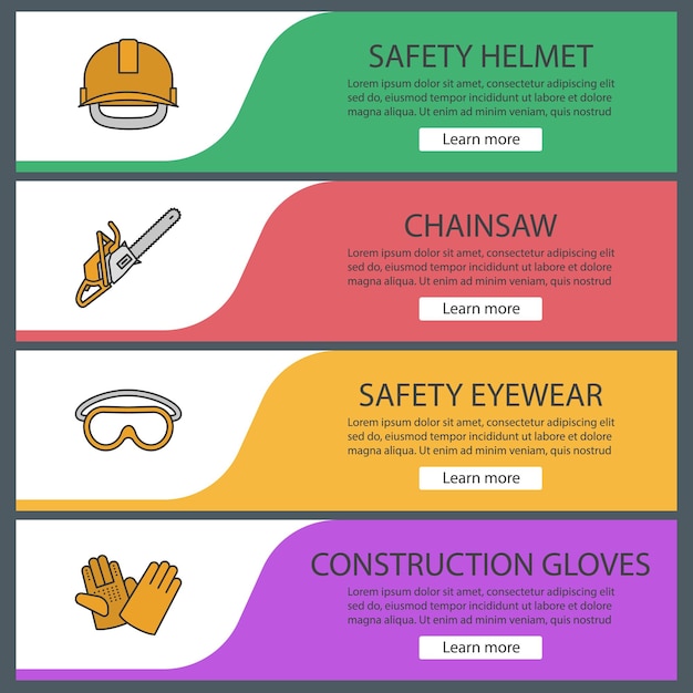 Conjunto de plantillas de banner web de herramientas de construcción. casco de seguridad industrial, motosierra, gafas, guantes de construcción. elementos del menú de color del sitio web. conceptos de diseño de encabezados vectoriales