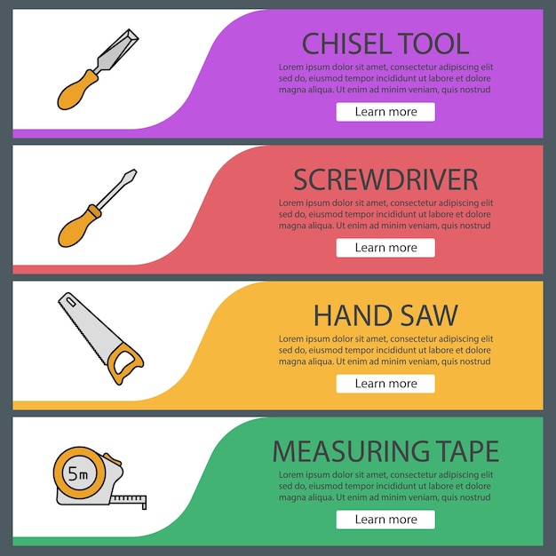 Conjunto de plantillas de banner web de herramientas de construcción. Cincel, destornillador, sierra de mano, cinta métrica. Elementos del menú de color del sitio web. Conceptos de diseño de encabezados vectoriales