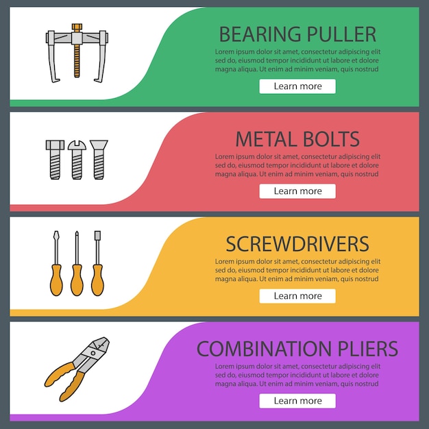 Conjunto de plantillas de banner web de herramientas de construcción. extractor de cojinetes, pernos metálicos, destornilladores, alicates combinados. elementos del menú de color del sitio web. conceptos de diseño de encabezados vectoriales