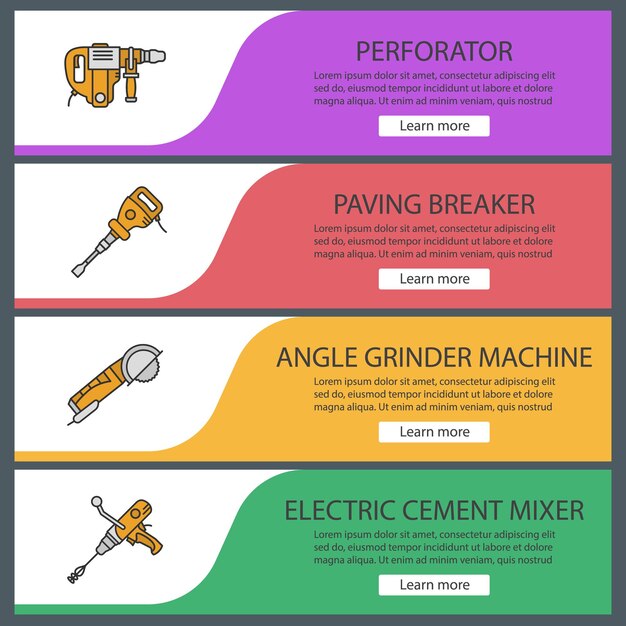 Conjunto de plantillas de banner web de herramientas de construcción. Perforadora, trituradora de adoquines, amoladora angular, hormigonera eléctrica. Elementos del menú de color del sitio web. Conceptos de diseño de encabezados vectoriales