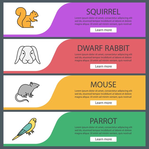 Conjunto de plantillas de banner web de mascotas. ardilla, conejo enano, ratón, loro. elementos del menú de color del sitio web. conceptos de diseño de encabezados vectoriales