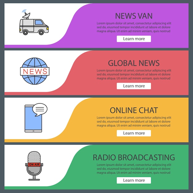 Conjunto de plantillas de banner web de medios de comunicación. Camión satelital, noticias globales, chat en línea, transmisión de radio. Elementos del menú de color del sitio web. Conceptos de diseño de encabezados vectoriales