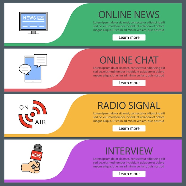 Conjunto de plantillas de banner web de medios de comunicación. periódico electrónico, chat online, señal de radio, entrevista. elementos del menú de color del sitio web. conceptos de diseño de encabezados vectoriales