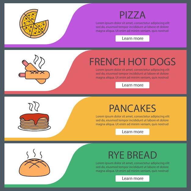 Conjunto de plantillas de banner web de panadería. pizza, hot dogs franceses, pila de panqueques, pan de centeno. elementos del menú de color del sitio web. conceptos de diseño de encabezados vectoriales