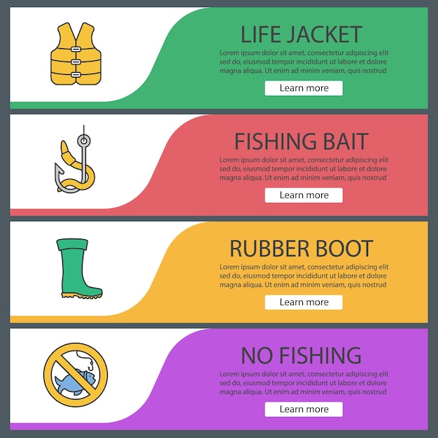 Conjunto de plantillas de banner web de pesca. Chaleco salvavidas, cebo, bota de goma, sin señal de pesca. Elementos del menú de color del sitio web. Conceptos de diseño de encabezados vectoriales