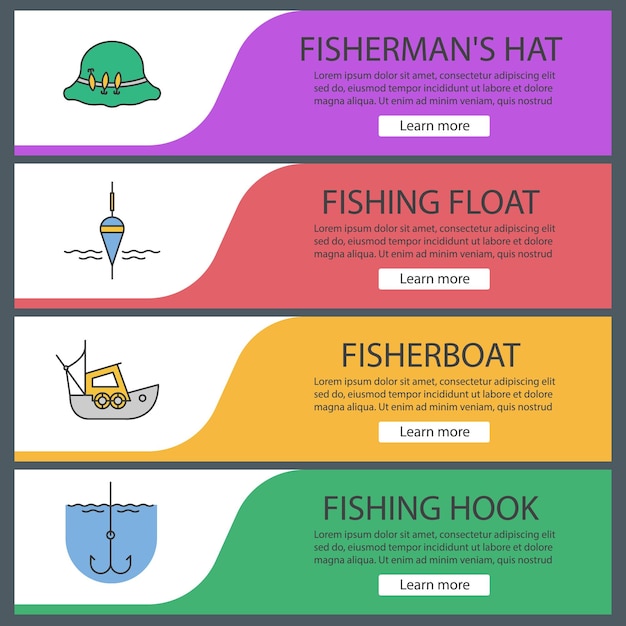 Vector conjunto de plantillas de banner web de pesca. flotador de pesca, sombrero de pescador, bote, anzuelo. elementos del menú de color del sitio web. conceptos de diseño de encabezados vectoriales