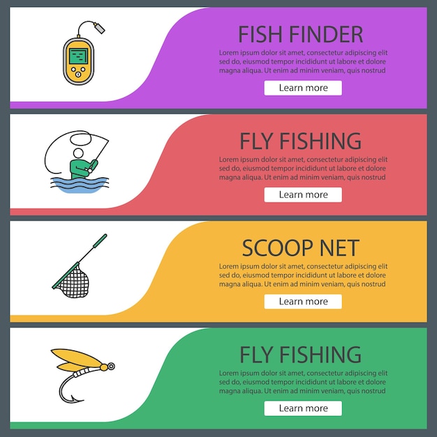 Conjunto de plantillas de banner web de pesca. Pesca con mosca, ecosonda, sacadera, señuelo para insectos. Elementos del menú de color del sitio web. Conceptos de diseño de encabezados vectoriales