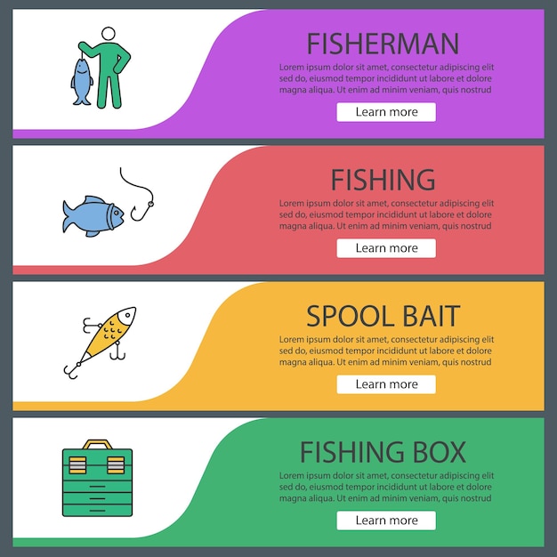 Conjunto de plantillas de banner web de pesca. Pescador, señuelo, pez y anzuelo, caja de aparejos. Elementos del menú de color del sitio web. Conceptos de diseño de encabezados vectoriales