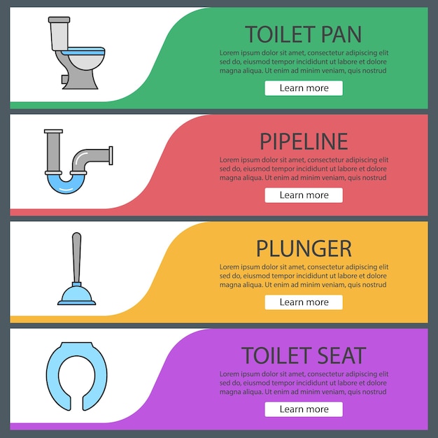 Conjunto de plantillas de banner web de plomería. Bandeja de lavabo, tubería de agua, émbolo, asiento de inodoro. Elementos del menú de color del sitio web. Conceptos de diseño de encabezados vectoriales