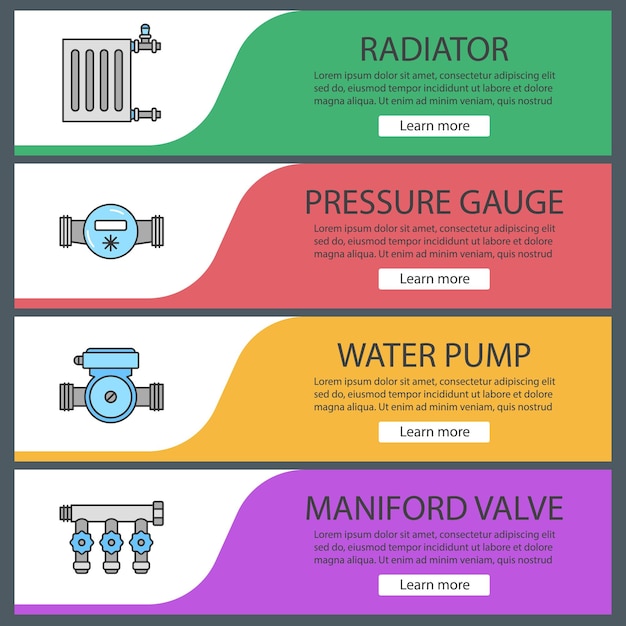 Conjunto de plantillas de banner web de plomería. Radiador, manómetro, bomba de agua, válvula múltiple. Elementos del menú de color del sitio web. Conceptos de diseño de encabezados vectoriales