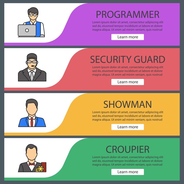 Conjunto de plantillas de banner web de profesiones. Programador, guardia de seguridad, showman, croupier. Elementos del menú de color del sitio web. Conceptos de diseño de encabezados vectoriales