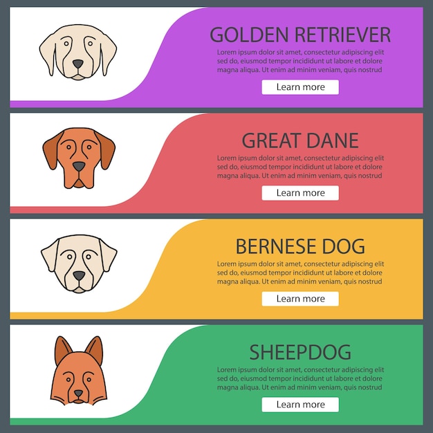 Conjunto de plantillas de banner web de razas de perros. Elementos del menú de color del sitio web. Golden retriever, gran danés, perro bernés, perro pastor de Shetland. Conceptos de diseño de encabezados vectoriales