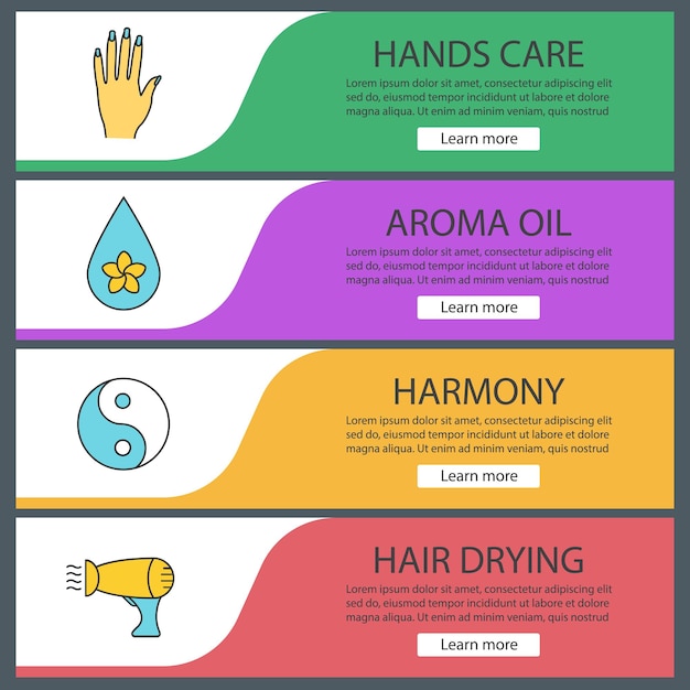 Conjunto de plantillas de banner web de salón de spa. Mano de mujer, gota de aceite de aromaterapia, yin yang, secador de pelo. Elementos del menú de color del sitio web. Conceptos de diseño de encabezados vectoriales
