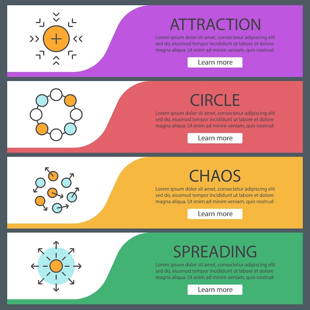 Conjunto de plantillas de banner web de símbolos abstractos. Atracción, círculo, caos, difusión. Elementos del menú de color del sitio web. Conceptos de diseño de encabezados vectoriales
