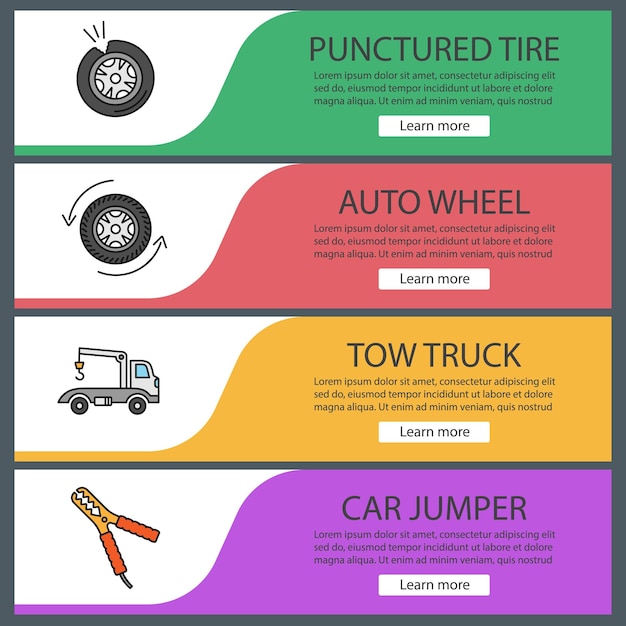 Conjunto de plantillas de banner web de taller automático. elementos del menú de color del sitio web. neumático pinchado, rueda de automóvil, remolque de remolque, saltador de automóvil. conceptos de diseño de encabezados vectoriales