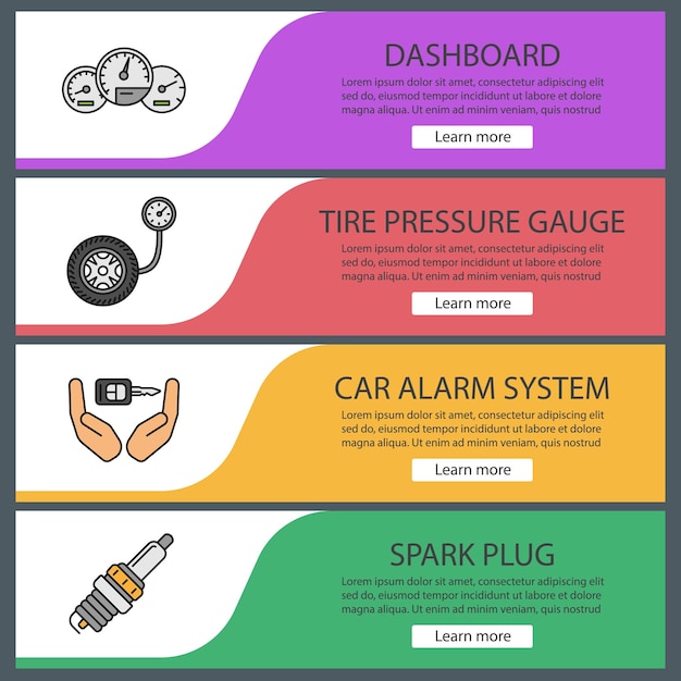 Conjunto de plantillas de banner web de taller automático. Elementos del menú de color del sitio web. Tablero de instrumentos, indicador de presión de neumáticos, sistema de alarma, bujía. Conceptos de diseño de encabezados vectoriales